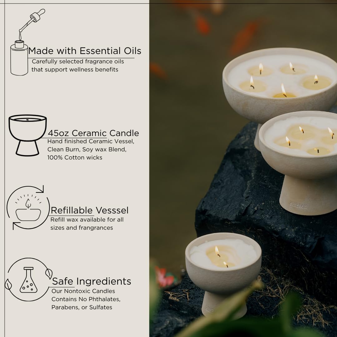 Blueme Balance Candle | White Lotus & Tea | 5 Wick - Refillable Wellness Candle with Essential Oils, Hand Finished & Poured Soy Wax Blend Ceramic Vessel, Natural Cotton Wicks | Giant 45 oz