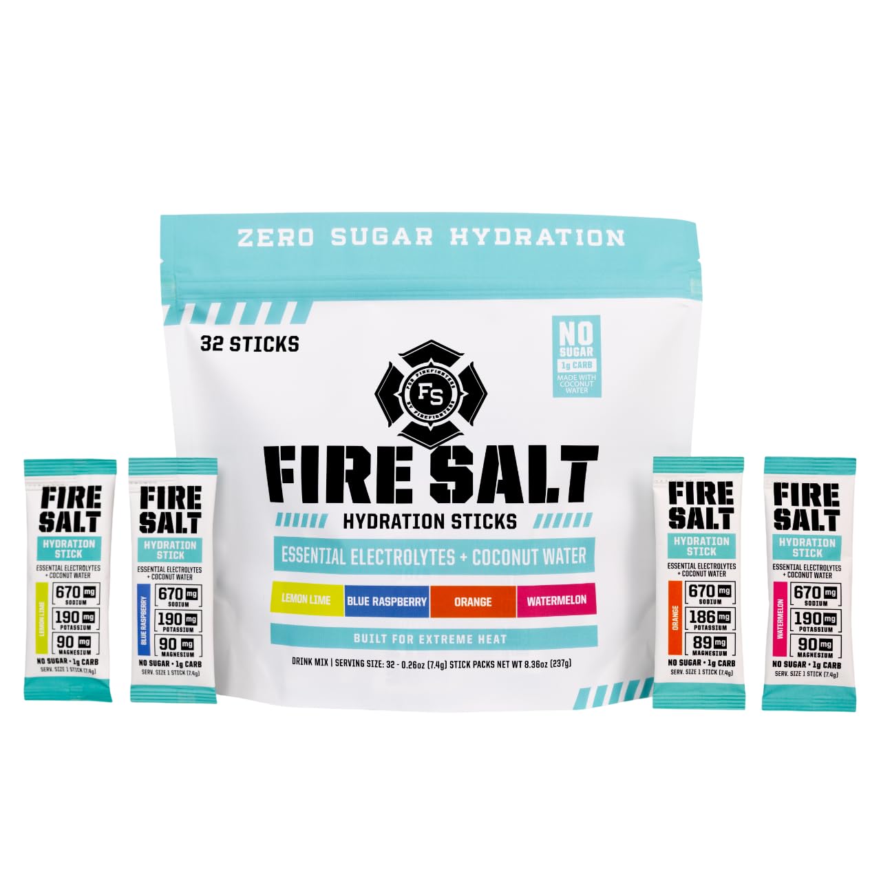 Fire Science Fire Salt Hydration Sticks, Electrolytes & Coconut Water, Hydration Drink Mix with Magnesium, Potassium & Sodium, Zero Sugar, Single Serve On the Go Packs, Variety Pack Flavors, 32 Count