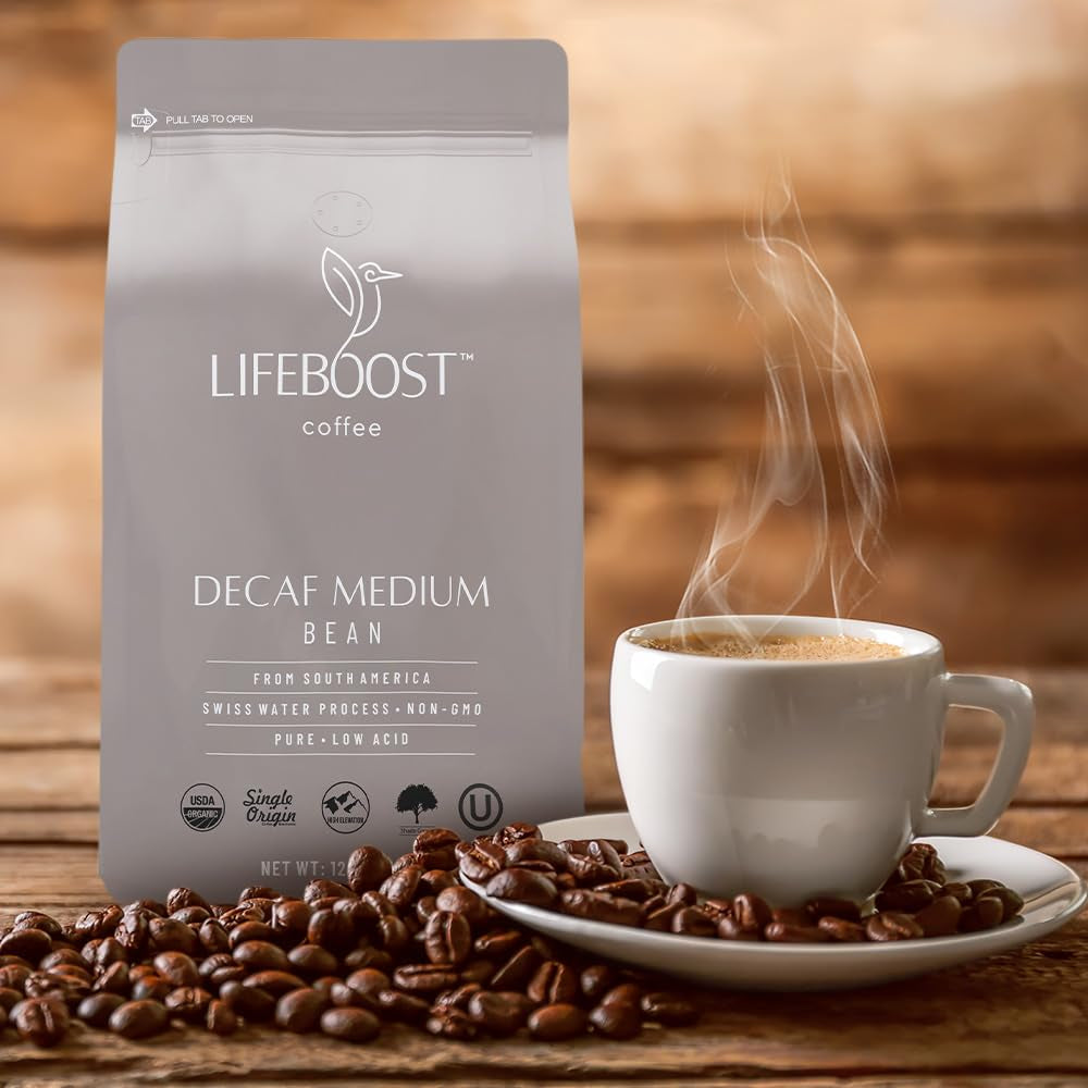 Medium Roast Swiss Water Decaf Whole Bean Coffee - Low Acid Organic Decaf Coffee, Non-Gmo, USDA Organic, Single Origin, Third-Party Tested for Mycotoxins & Pesticides - 12 Oz Bag