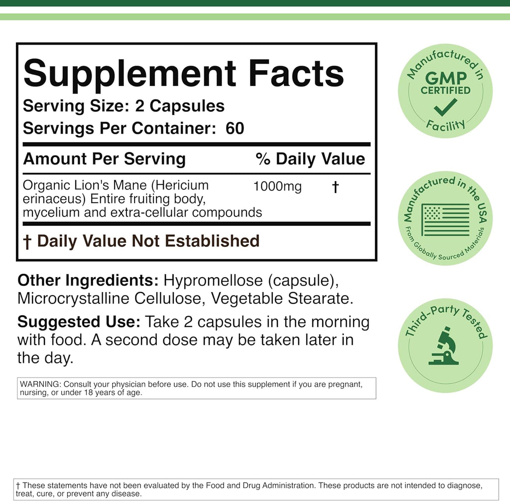 Organic Lions Mane Mushroom Capsules (120 Count), for Focus Support and Immune Health, Third Party Tested and Grown in the USA - by Double Wood