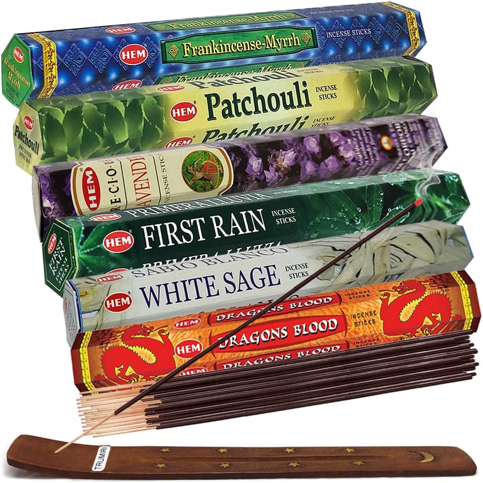 Hem Incense Sticks Variety Pack #23-120 Insence-Sticks (6 Incents X 20 Insense) + Incense Stick Holder with 6 Most Liked Scents Including Patchouli Dragons Blood White Sage Frankincense-Myrrh