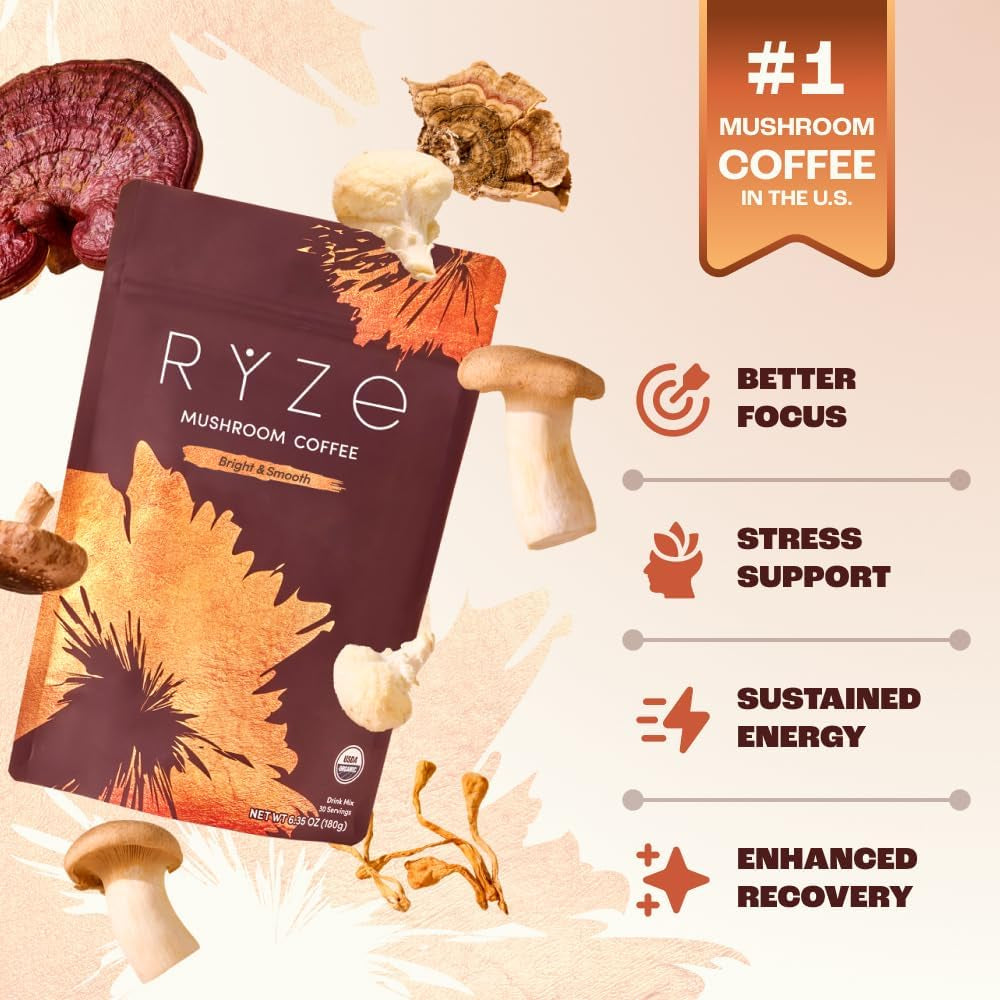 Mushroom Medium Roast Coffee USDA Organic with 6 Adaptogenic Mushrooms, USA Grown Instant Coffee for Better Energy, Focus Digestion Immunity with Lions Mane & Turkey Tail 30. Pack of 1