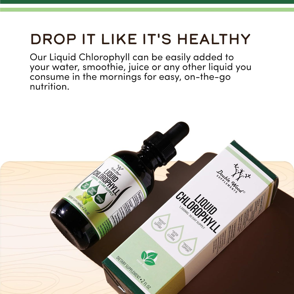 Chlorophyll Liquid Drops - for Digestion, Gut Health, Energy and Detox - Vegan Safe (Rich, Full Texture and Taste, Not Watered Down), 2Oz Peppermint Flavored, by Double Wood