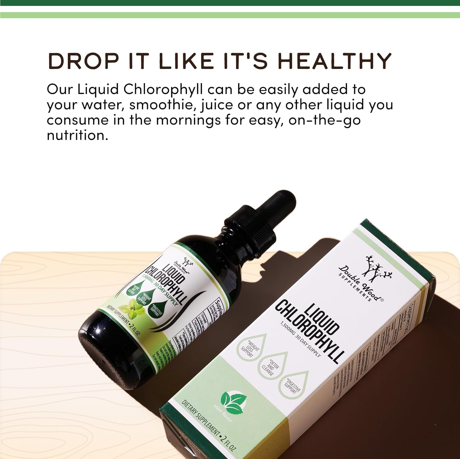 Chlorophyll Liquid Drops - for Digestion, Gut Health, Energy and Detox - Vegan Safe (Rich, Full Texture and Taste, Not Watered Down), 2Oz Peppermint Flavored, by Double Wood