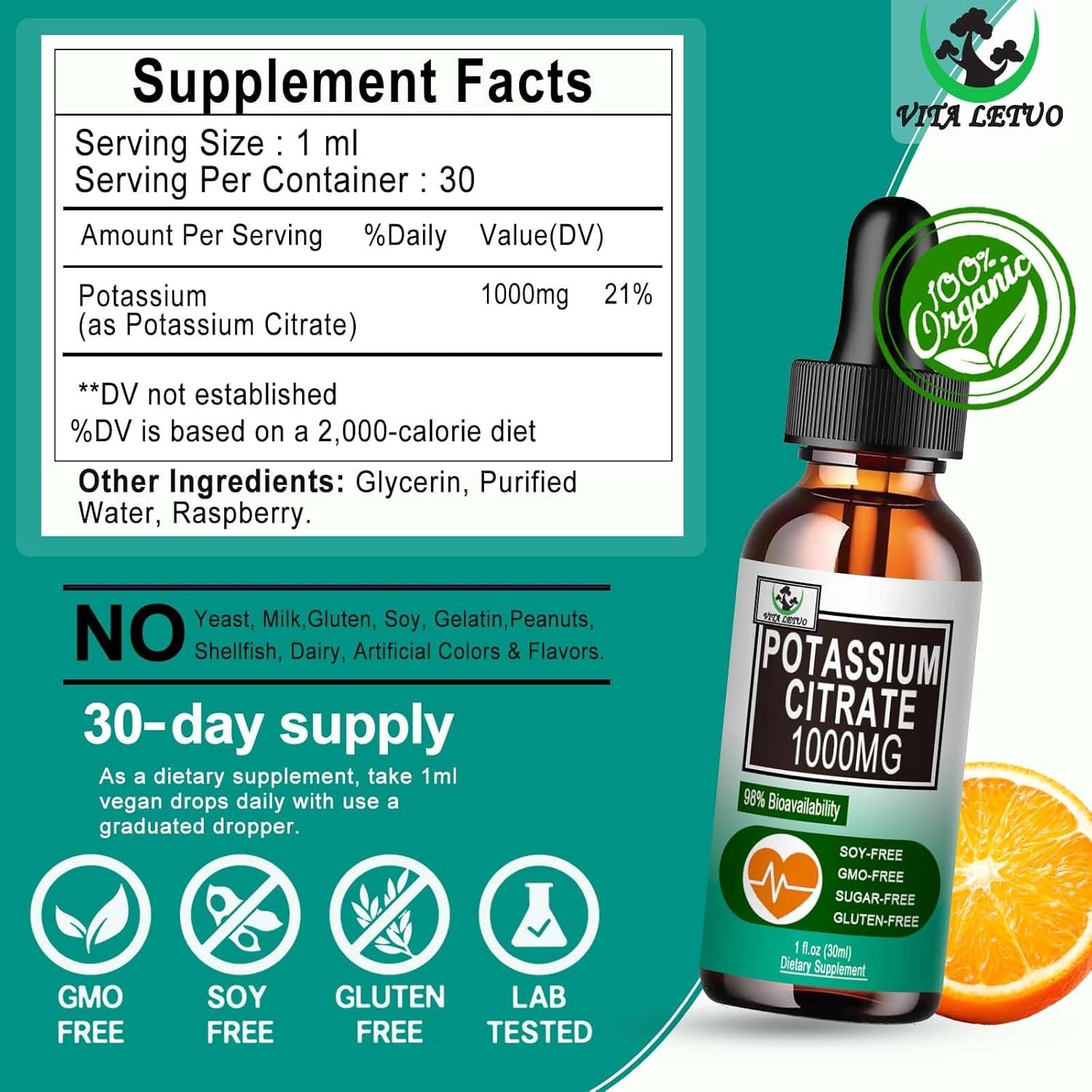 Potassium Citrate Liquid Drops,Potassium Supplement 1000Mg Liquid Support Muscle Cramp Relief, Heart Health and Sleep,Highly Absorbable for Adults Women & Men, Vegan, 30 Servings