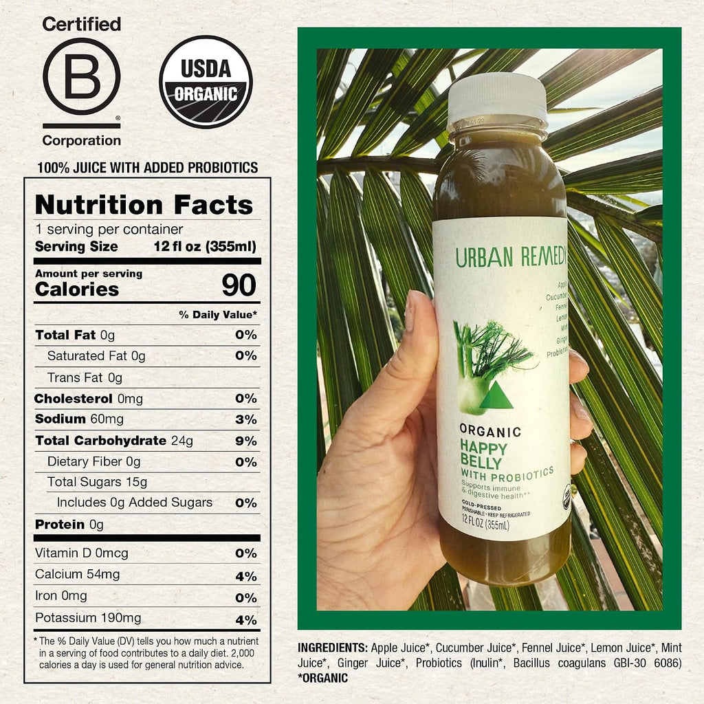 Urban Remedy Happy Belly Organic Juice with Probiotics, Cold-Pressed, 12 Fl Oz, Cucumber, Apple, Fennel, Ginger, Lemon & Mint Digestive Blend, Organic, Non-Gmo, Gluten-Free, Dairy-Free, Ready-To-Drink