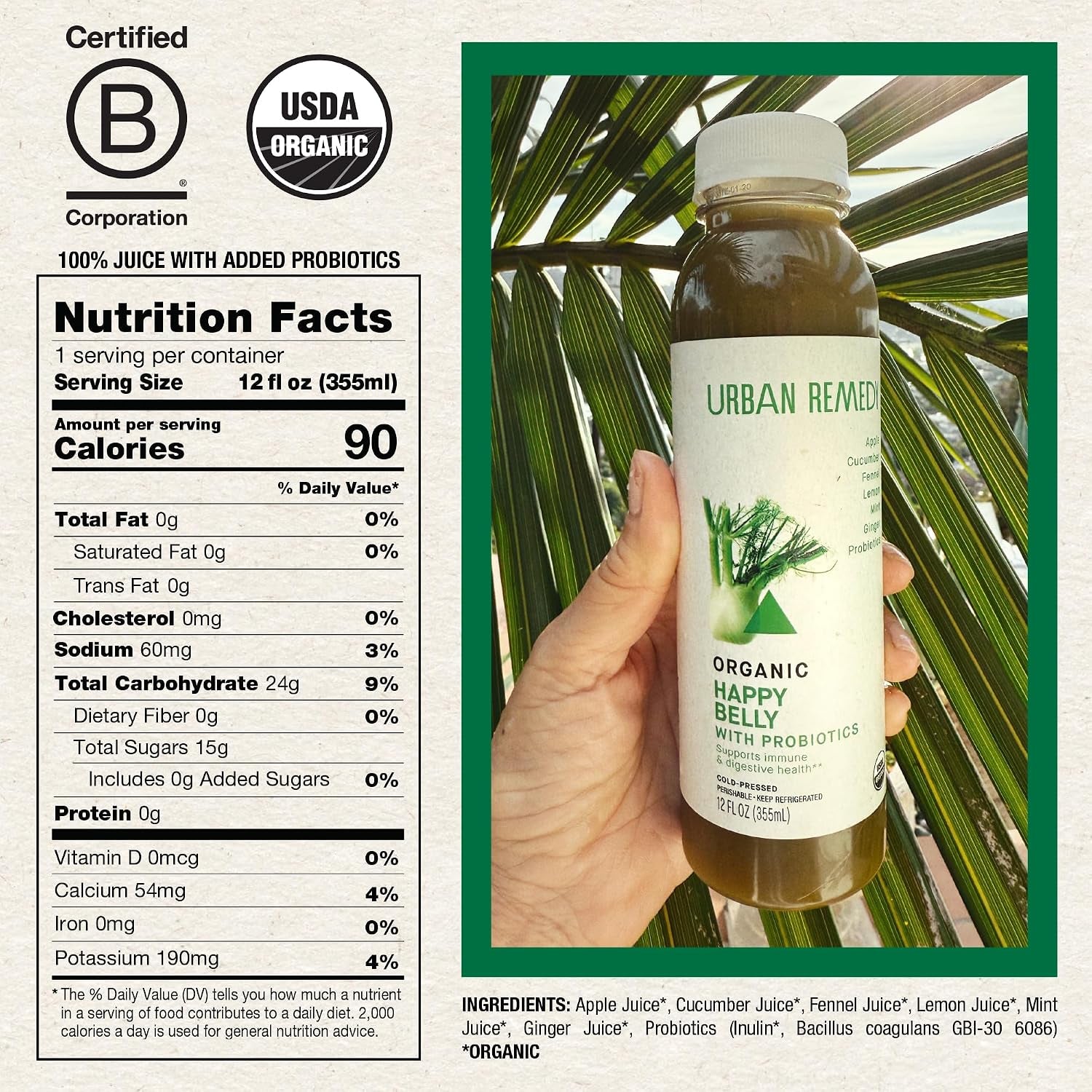 Urban Remedy Happy Belly Organic Juice with Probiotics, Cold-Pressed, 12 Fl Oz, Cucumber, Apple, Fennel, Ginger, Lemon & Mint Digestive Blend, Organic, Non-Gmo, Gluten-Free, Dairy-Free, Ready-To-Drink