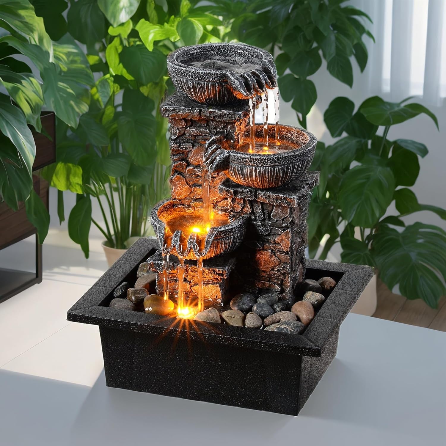 Tabletop Waterfall Fountain 3 Bowls with LED Light, Soothing Water Flow Sound, Zen Meditation Decor for Home and Office, Relaxation Water Fountains Indoor (23113)