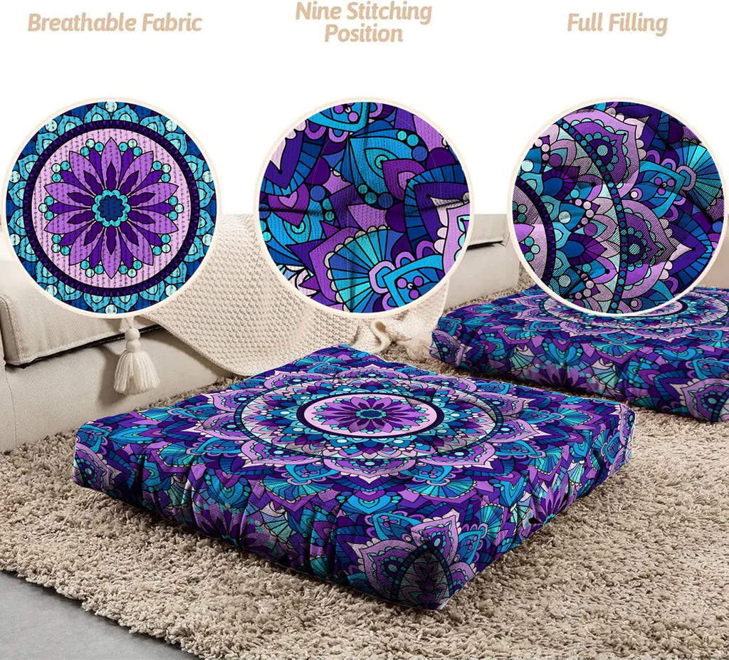 Mandala Meditation Cushion, Boho Meditation Mat, Meditation Pillows for Sitting on Floor, Cushions for Sitting in Home and Outdoor, Square Floor Pillow Cushion Seating for Yoga Accessories 22'' X 22''