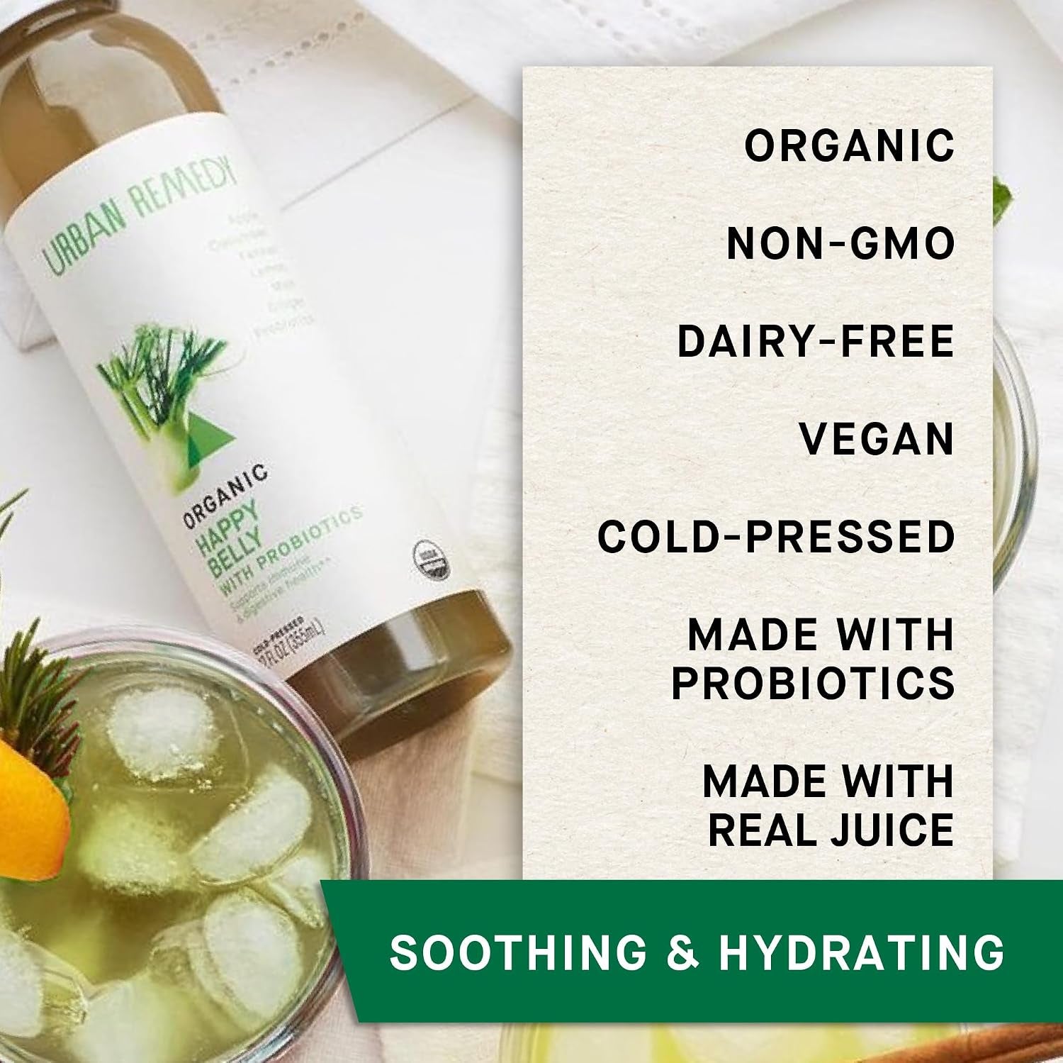 Urban Remedy Happy Belly Organic Juice with Probiotics, Cold-Pressed, 12 Fl Oz, Cucumber, Apple, Fennel, Ginger, Lemon & Mint Digestive Blend, Organic, Non-Gmo, Gluten-Free, Dairy-Free, Ready-To-Drink