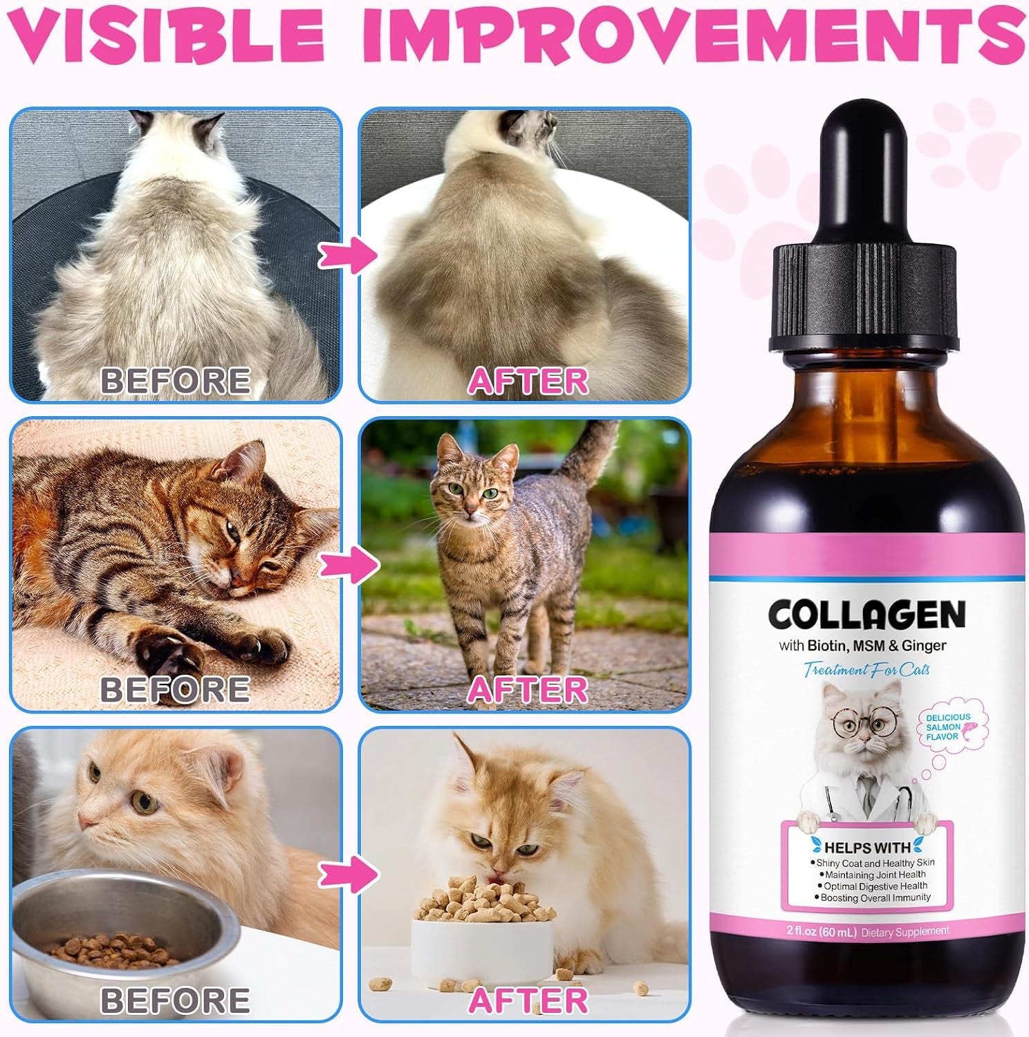 Liquid Collagen for Cats, Cats Collagen Liquid Drops with Biotin, MSM & Ginger Immunity Support, Itch Relief, Skin & Coat and Joint Health Supplement for Cat 60Ml