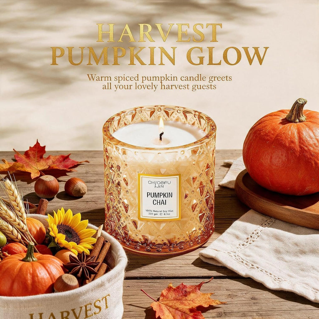 Pumpkin Chai Candles Halloween Candle Gift, Farmhouse Candles for Home, Luxury Scented Soy Jar Fall Candle with up to 55 Hour Long Lasting, Home Decor, Barn Fall Decor Pottery, 8.1Oz