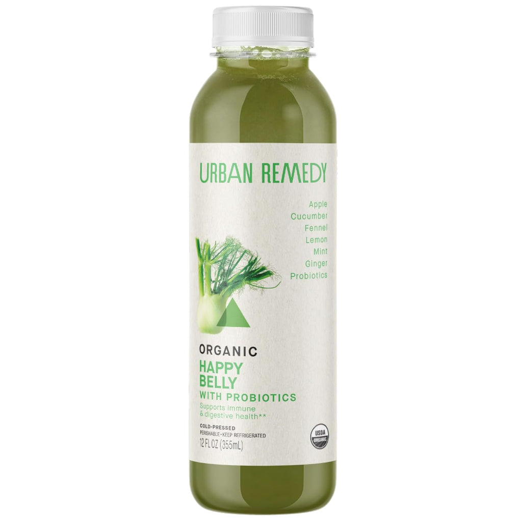 Urban Remedy Happy Belly Organic Juice with Probiotics, Cold-Pressed, 12 Fl Oz, Cucumber, Apple, Fennel, Ginger, Lemon & Mint Digestive Blend, Organic, Non-Gmo, Gluten-Free, Dairy-Free, Ready-To-Drink