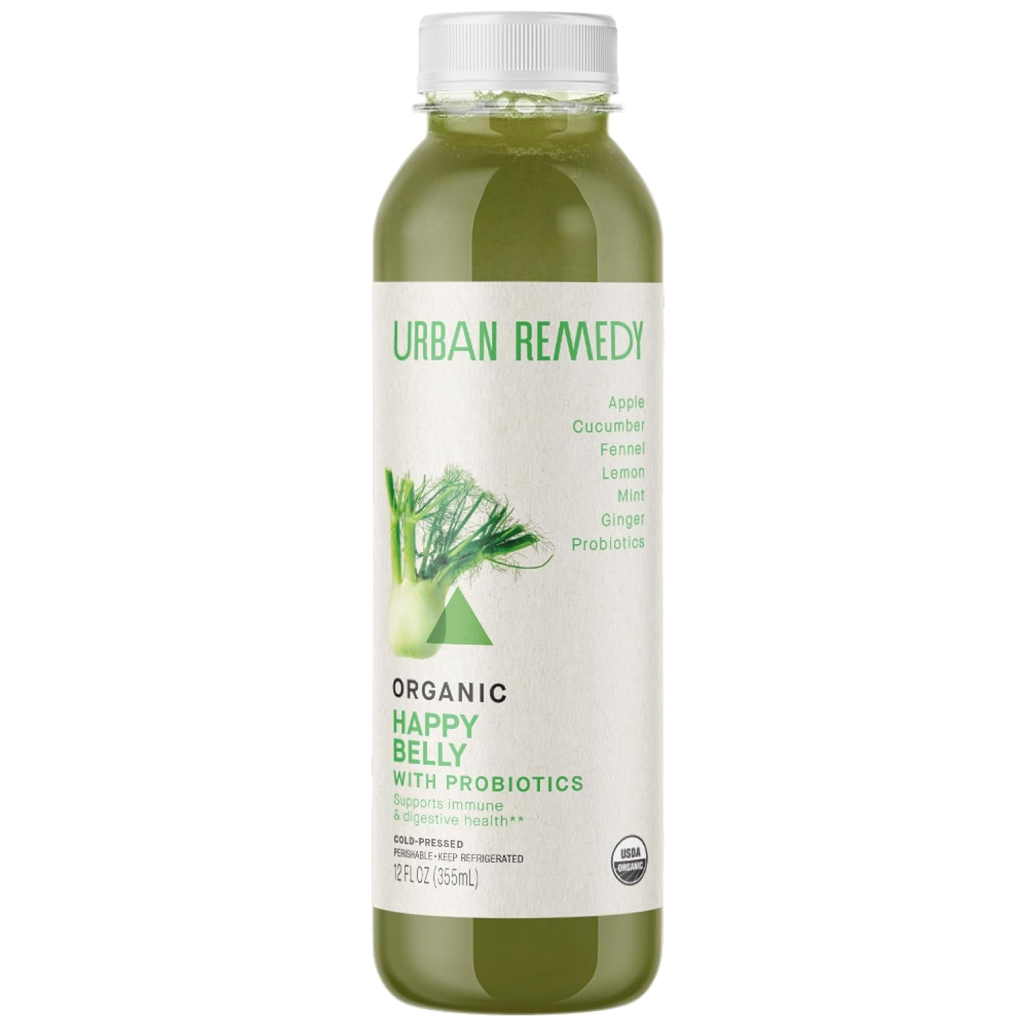 Urban Remedy Happy Belly Organic Juice with Probiotics, Cold-Pressed, 12 Fl Oz, Cucumber, Apple, Fennel, Ginger, Lemon & Mint Digestive Blend, Organic, Non-Gmo, Gluten-Free, Dairy-Free, Ready-To-Drink