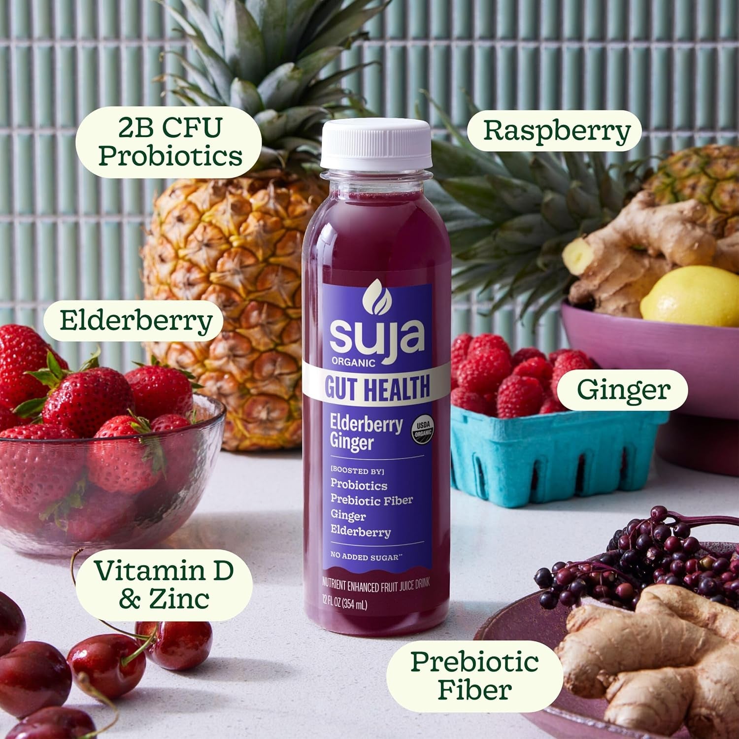 Organic Gut Health Elderberry Ginger Cold Pressed Juice Drink, 12 Fl Oz Bottle