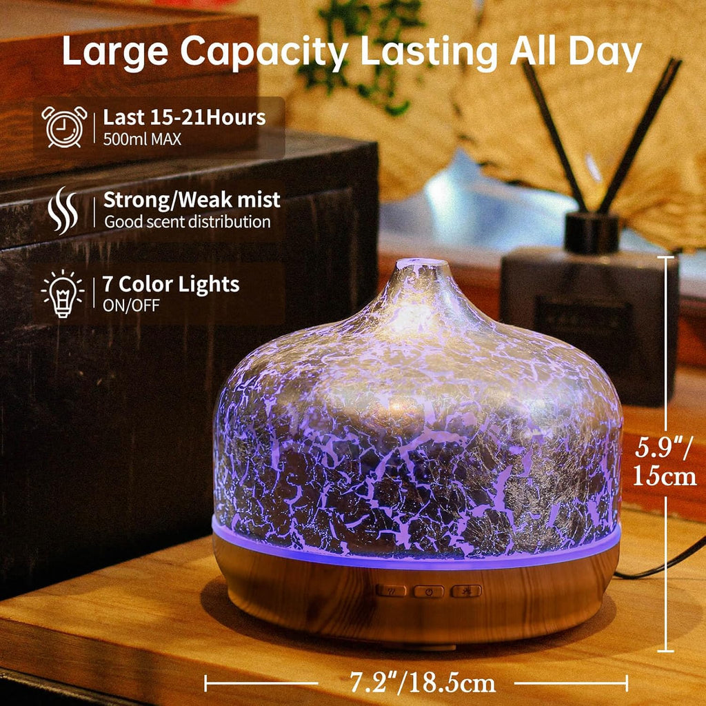 500Ml Glass Essential Oil Diffuser Aromatherapy Ultrasonic Cool Mist Humidifier 15-21 Running Hours Waterless Auto-Off Air Diffusers for Sleeping Yoga Working Spa(Silver Plated)