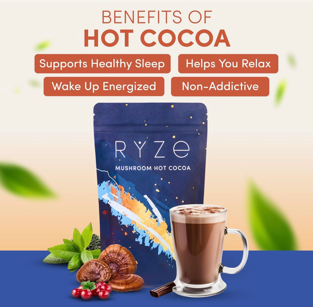 Day + Night Bundle with Mushroom Coffee and RYZE Hot Cocoa, USDA Organic Mushroom Coffee with 6 Adaptogenic Mushrooms & MCT Oil, Hot Cocoa Keto Sleep Aid with Melatonin, 30+20 S
