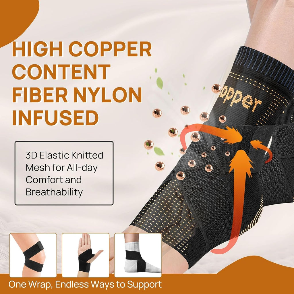 Ultra-Breathable Copper Ankle Braces for Men and Women- Adjustable Compression Ankle Brace for Sprain Recovery, Plantar Fasciitis & Daily Pain Relief | Durable, Fits Any Shoe (Large)