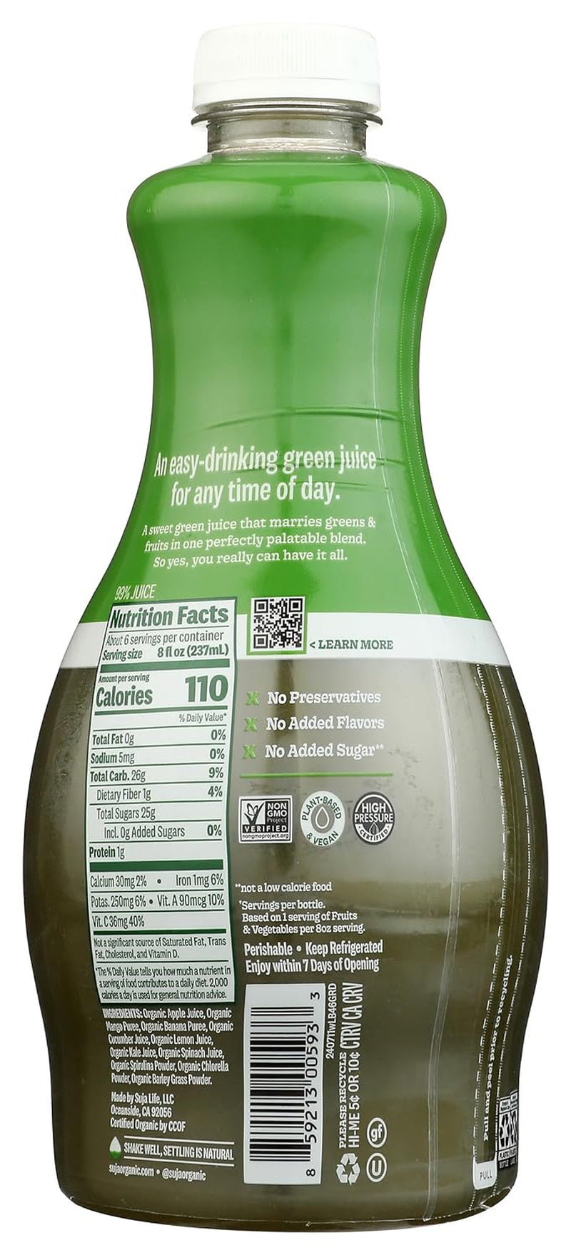 Organic Green Delight Cold Pressed Juice Drink, with Spirulina, Chlorella, and Barley Grass Powders, 46 Fl Oz Bottle