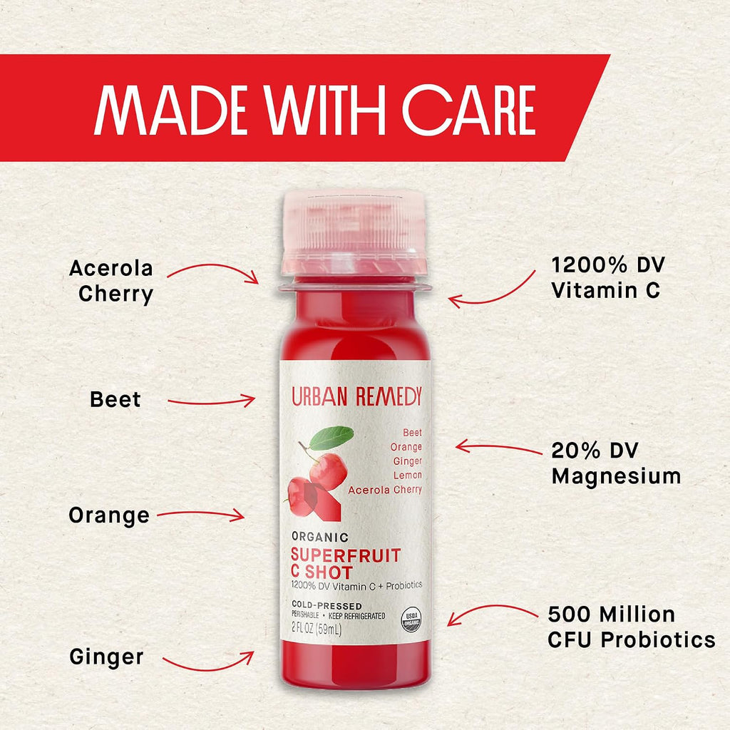 Organic Superfruit C Shot – Acerola Cherry & Probiotics Blend for Immune & Digestive Support. Cold-Pressed Beet, Orange & Ginger Juice. Gluten-Free, Dairy-Free, Non-Gmo, 2 Fl Oz