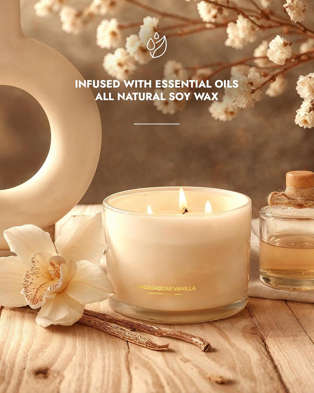 Luxury Vanilla Soy Candles | Large 3 Wick Jar Candle | up to 50 Hours Burning Time | 100% Natural Soy Wax | Relaxing Aromatherapy Aesthetic Candle | Housewarming Gift for Men and Women