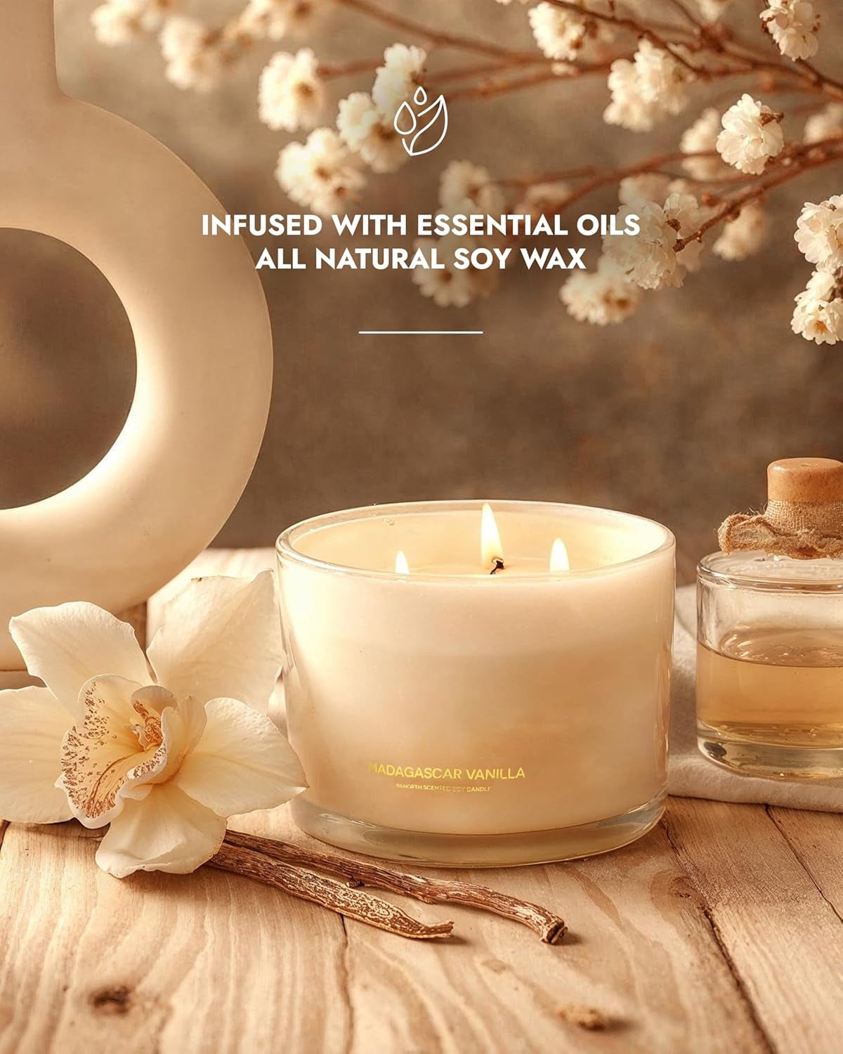 Luxury Vanilla Soy Candles | Large 3 Wick Jar Candle | up to 50 Hours Burning Time | 100% Natural Soy Wax | Relaxing Aromatherapy Aesthetic Candle | Housewarming Gift for Men and Women