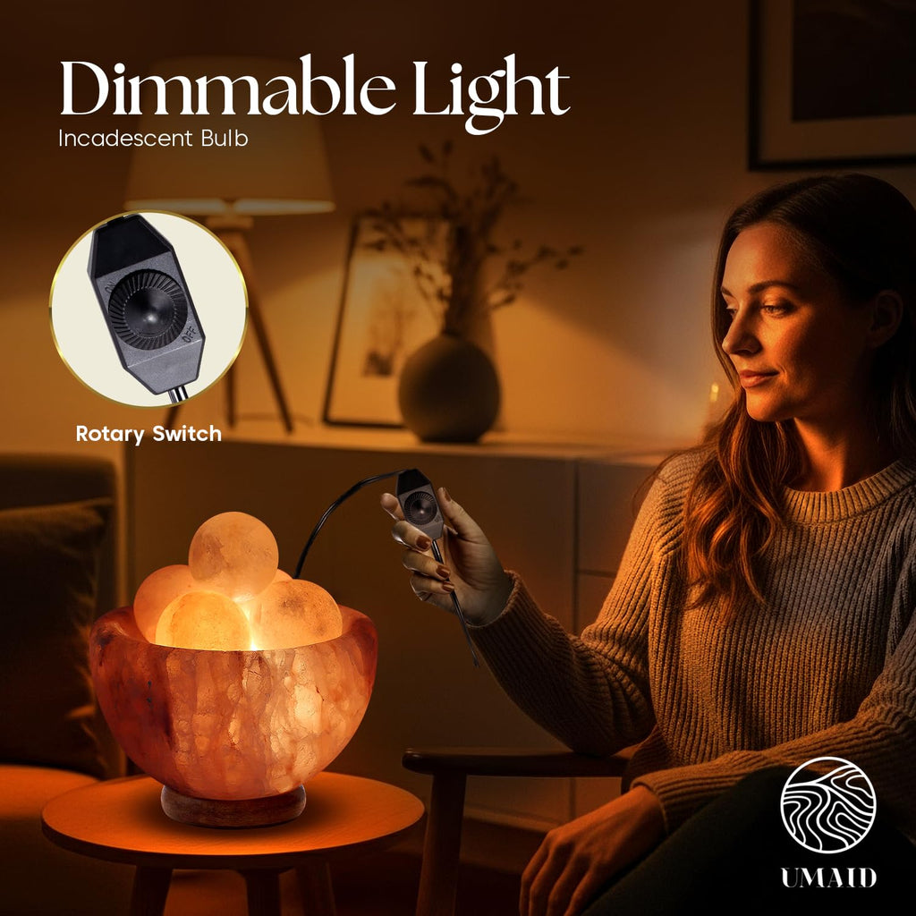 UMAID Himalayan Salt Lamp Bowl with 6 Massage Balls – Dimmable Natural Pink Rock Salt Lamp for Relaxation, Meditation,Yoga, Spa, Office, Bedroom, Wellness, Home Decor, and Unique Gift
