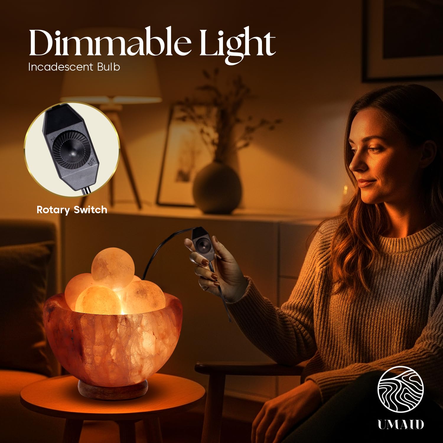 UMAID Himalayan Salt Lamp Bowl with 6 Massage Balls – Dimmable Natural Pink Rock Salt Lamp for Relaxation, Meditation,Yoga, Spa, Office, Bedroom, Wellness, Home Decor, and Unique Gift