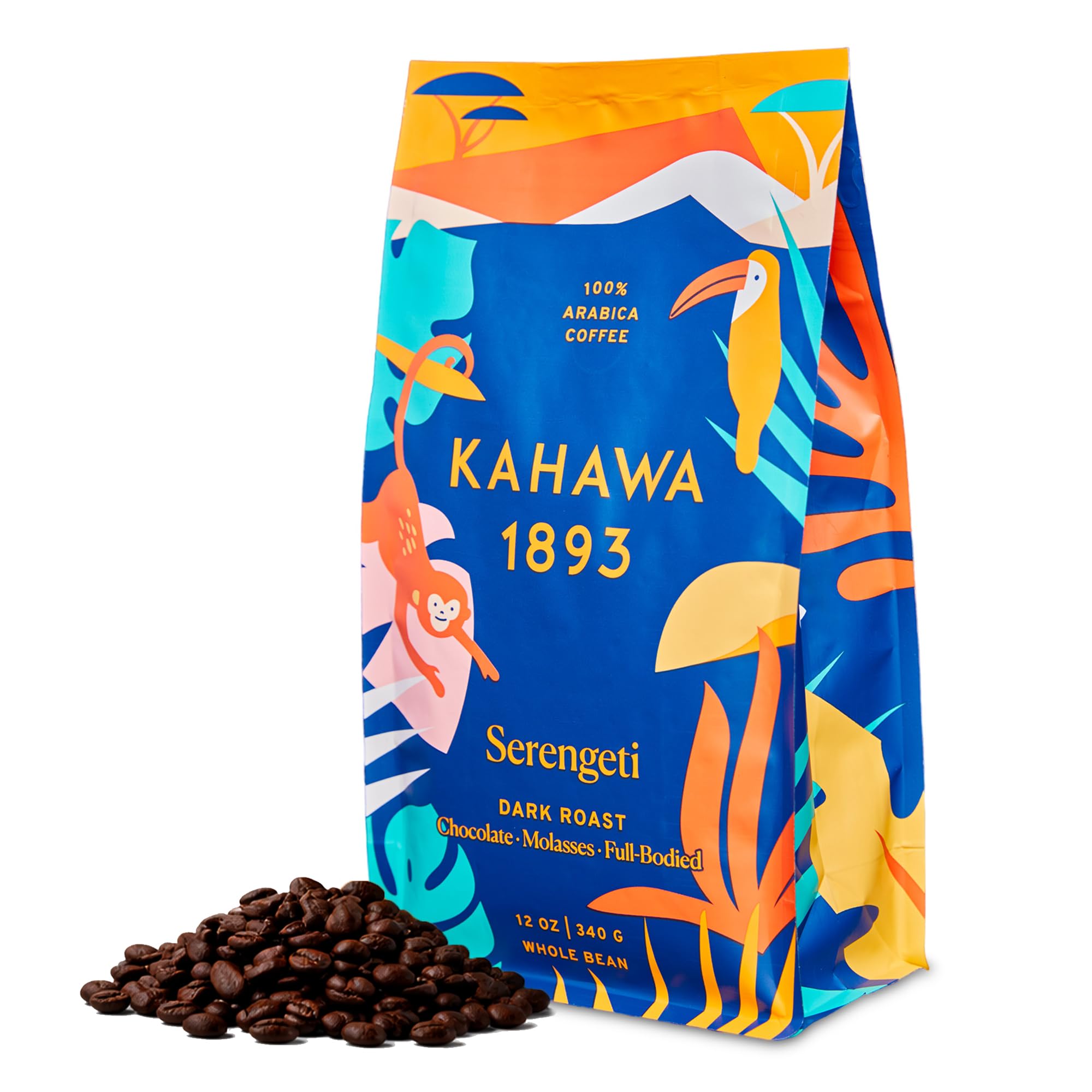 Kahawa 1893 Whole Bean Coffee Dark Roast Serengeti Blend 12 Oz - As Seen on Shark Tank, Low Acid, High Antioxidants, Naturally Sweet, Organically Grown, Ethically & Sustainably Sourced