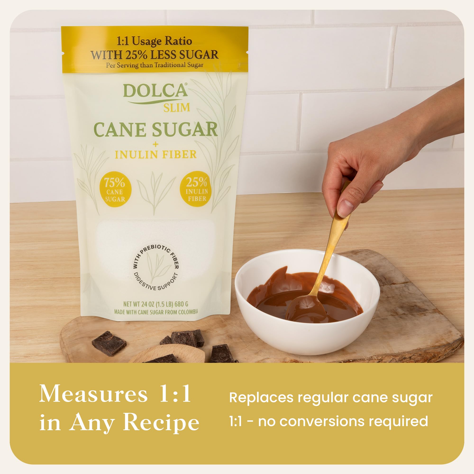 Dolca Slim – Prebiotic Cane Sugar with Inulin (Chicory Root) Fiber – 25% Fiber & Fewer Calories Per Serving – Same Taste & Texture – 1:1 Sugar Replacement for Coffee, Tea & Baking – Bakes & Browns Like Real Sugar – No Artificial Sweeteners or Sugar Alcoho