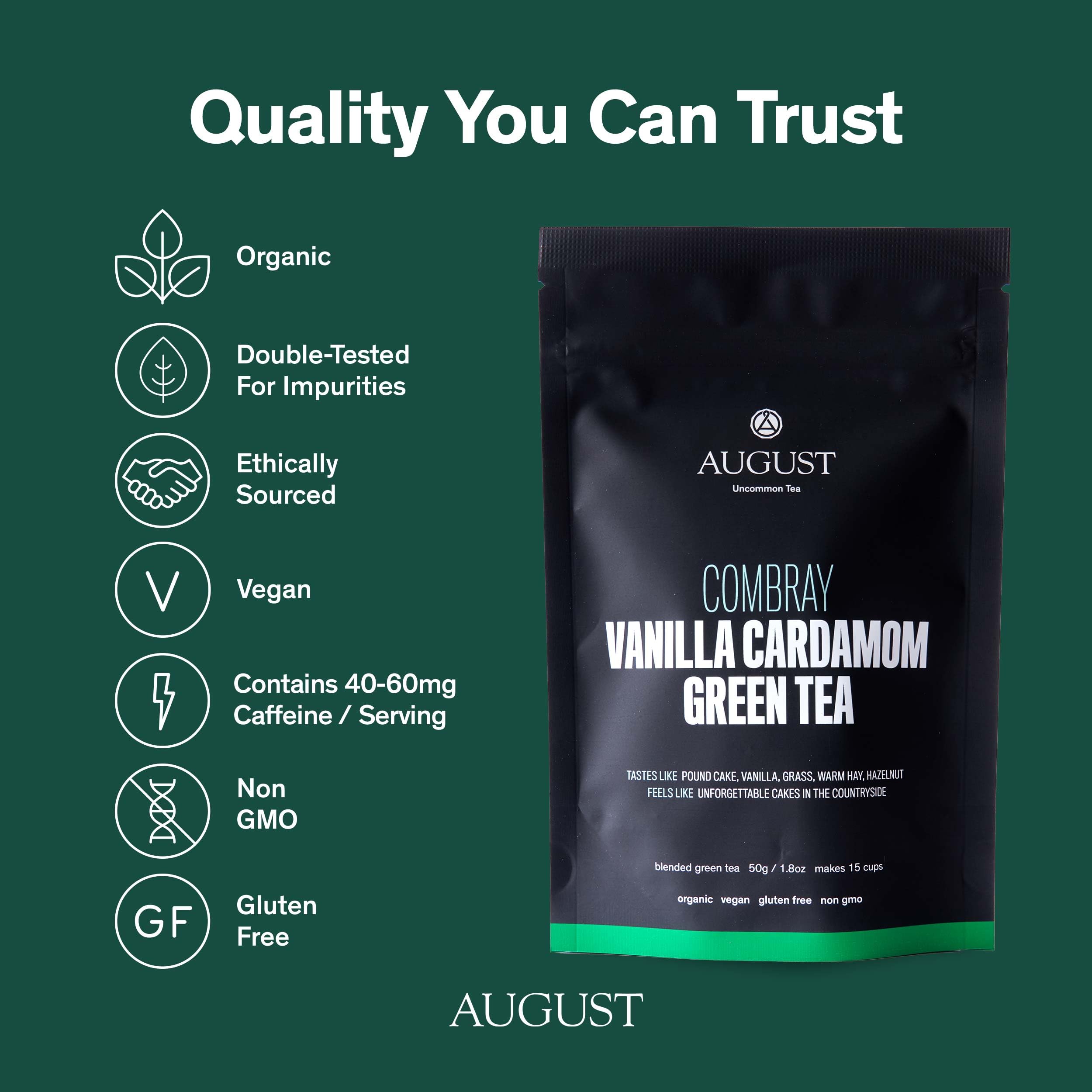 August Uncommon Combray Loose Leaf Tea – Organic Vanilla and Cardamom Green Tea – Vegan, Gluten-Free, and Non-GMO Organic Tea – Bold Dessert-Inspired Flavor in a Resealable 1.8oz Pouch (15-30 Cups)