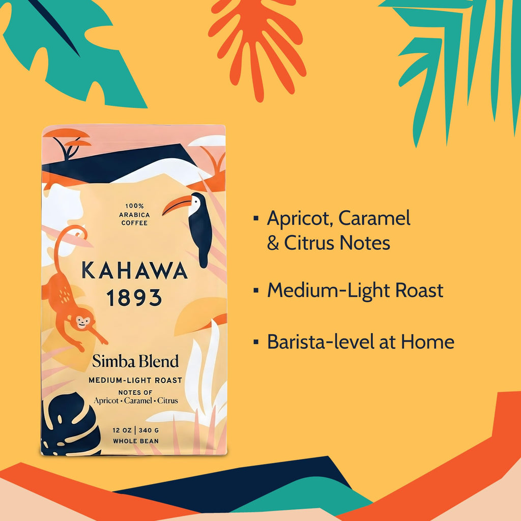 Kahawa 1893 Whole Bean Coffee Medium-Light Roast Simba Blend 12 Oz - As Seen on Shark Tank, Naturally Sweet, Organically Grown, Ethically & Sustainably Sourced