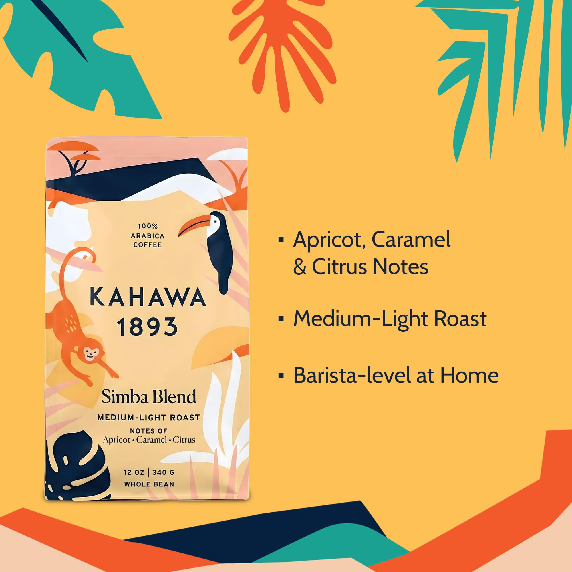 Kahawa 1893 Whole Bean Coffee Medium-Light Roast Simba Blend 12 Oz - As Seen on Shark Tank, Naturally Sweet, Organically Grown, Ethically & Sustainably Sourced