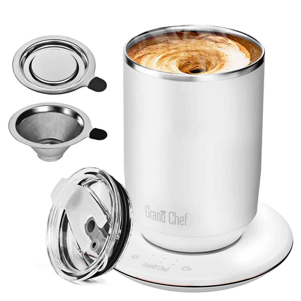 Self-Heating Coffee Mug, Coffee Mug with Self Stirring&Fast Heating, 10oz Temperature Controlled Coffee Cup Warmer, Heated for Tea/Coffee at Office/Kitchen/Travel, with Reusable Coffee Dripper, White