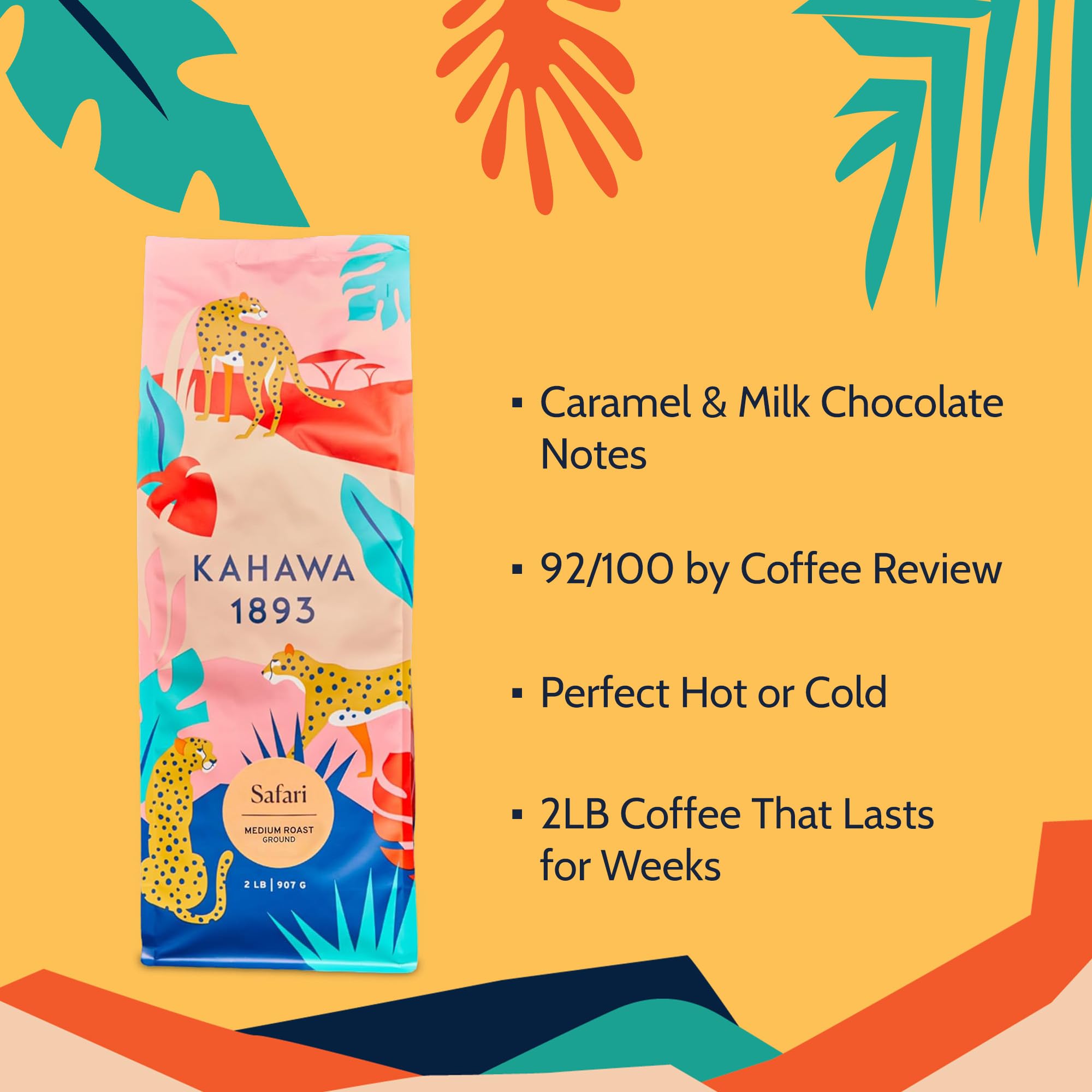 Kahawa 1893 Ground Coffee Medium Roast Safari Blend 2 LB - As Seen on Shark Tank, High Antioxidants, Naturally Sweet, Organically Grown, Ethically & Sustainably Sourced