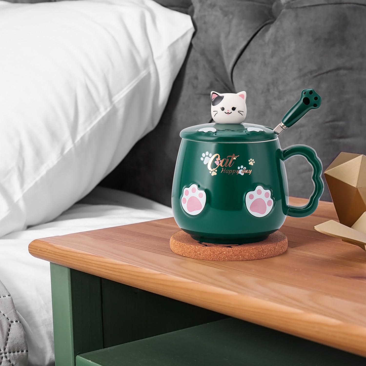 Bgbg Cat Mug Cute Ceramic Coffee Cup with Lovely Kitty Lid, Kawaii Claw Spoon, Anime Coaster, Novelty Things Birthday Christmas Mug Gift for Cat Lovers 400ML