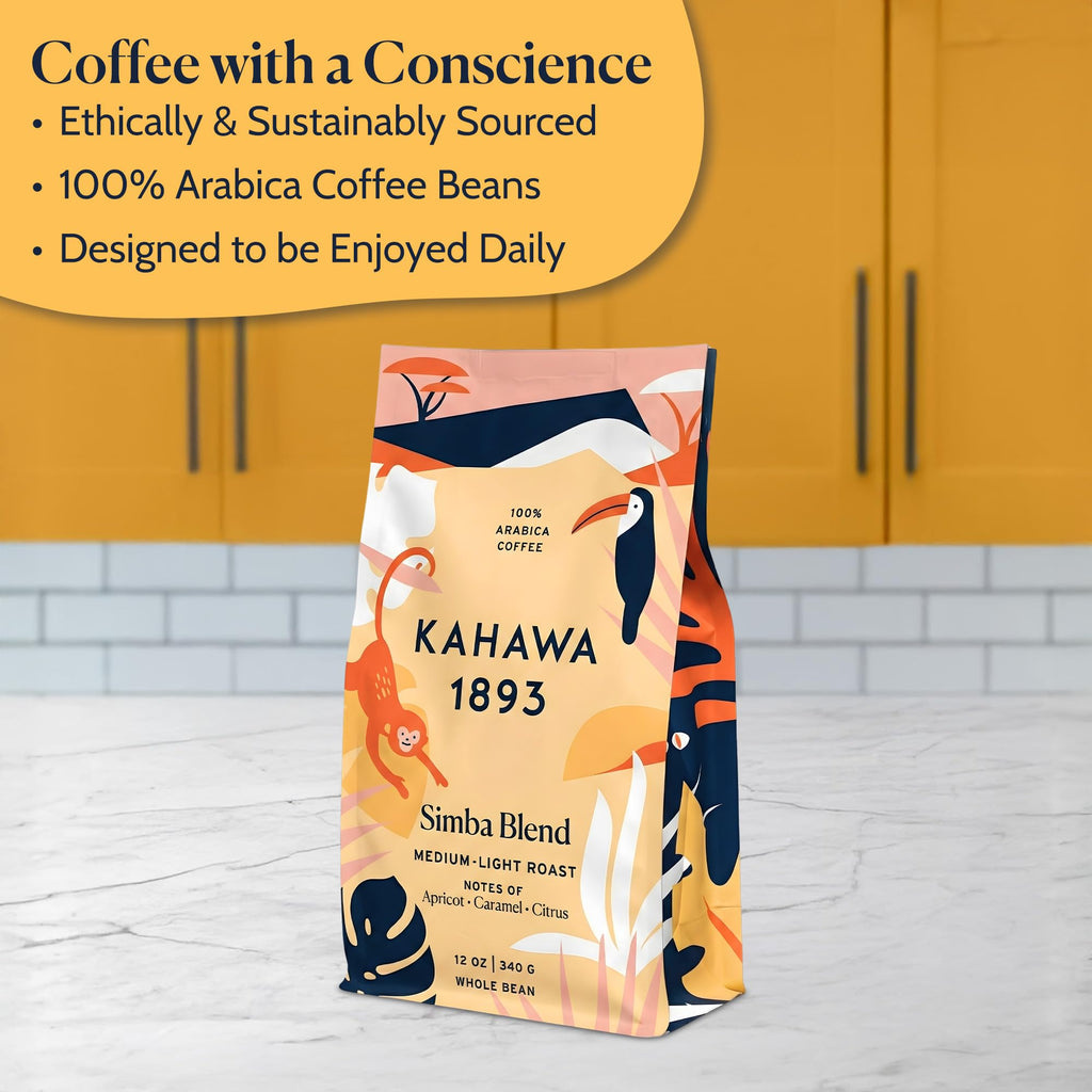 Kahawa 1893 Whole Bean Coffee Medium-Light Roast Simba Blend 12 Oz - As Seen on Shark Tank, Naturally Sweet, Organically Grown, Ethically & Sustainably Sourced