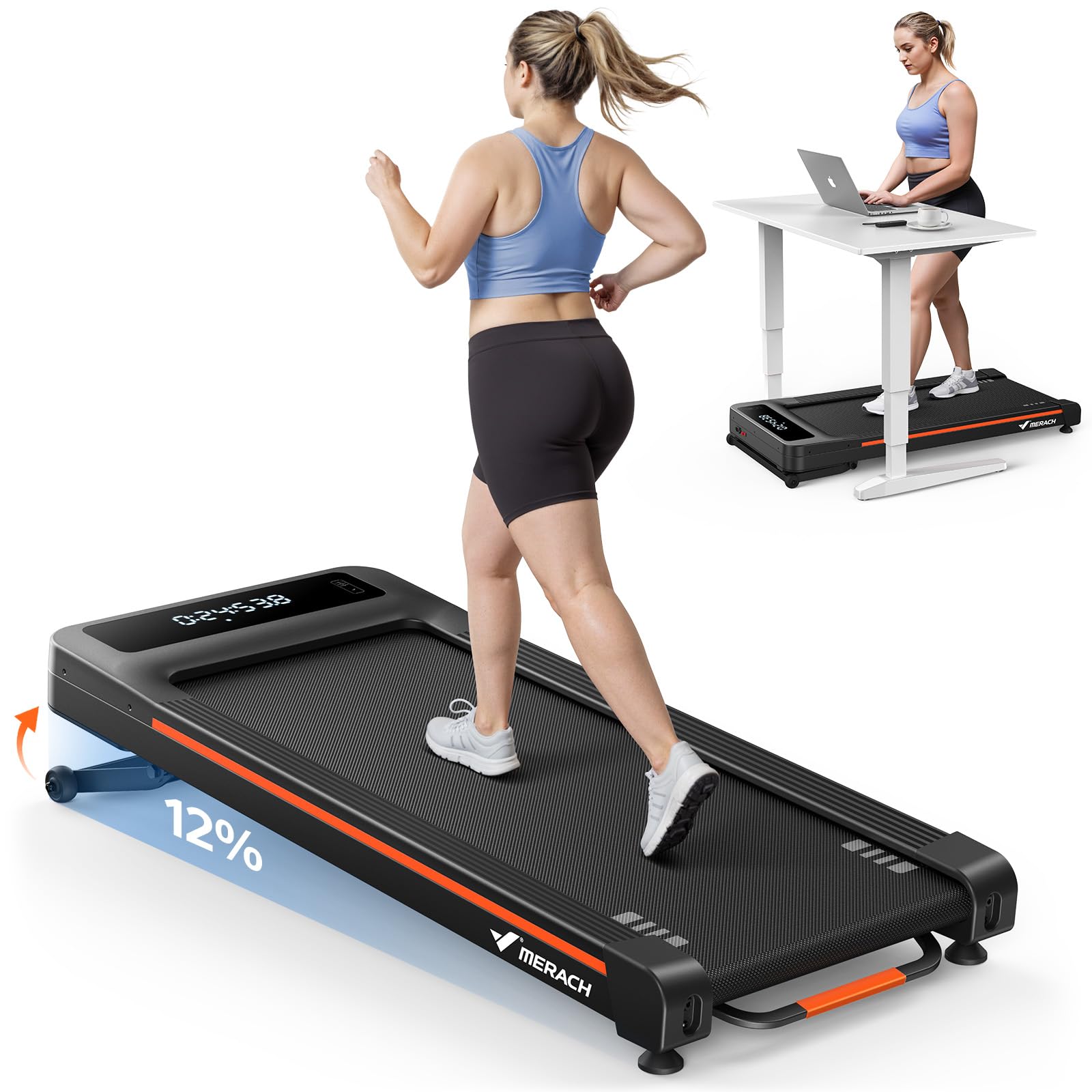 MERACH Walking Pad with Incline 12% Auto Treadmill for Home, 400lbs Capacity 3.5HP Super Quiet Brushless Walking Pads Under Desk, 16.5"x41.3" Mat Walk Pad with Remote & LED W50 Walking OAD