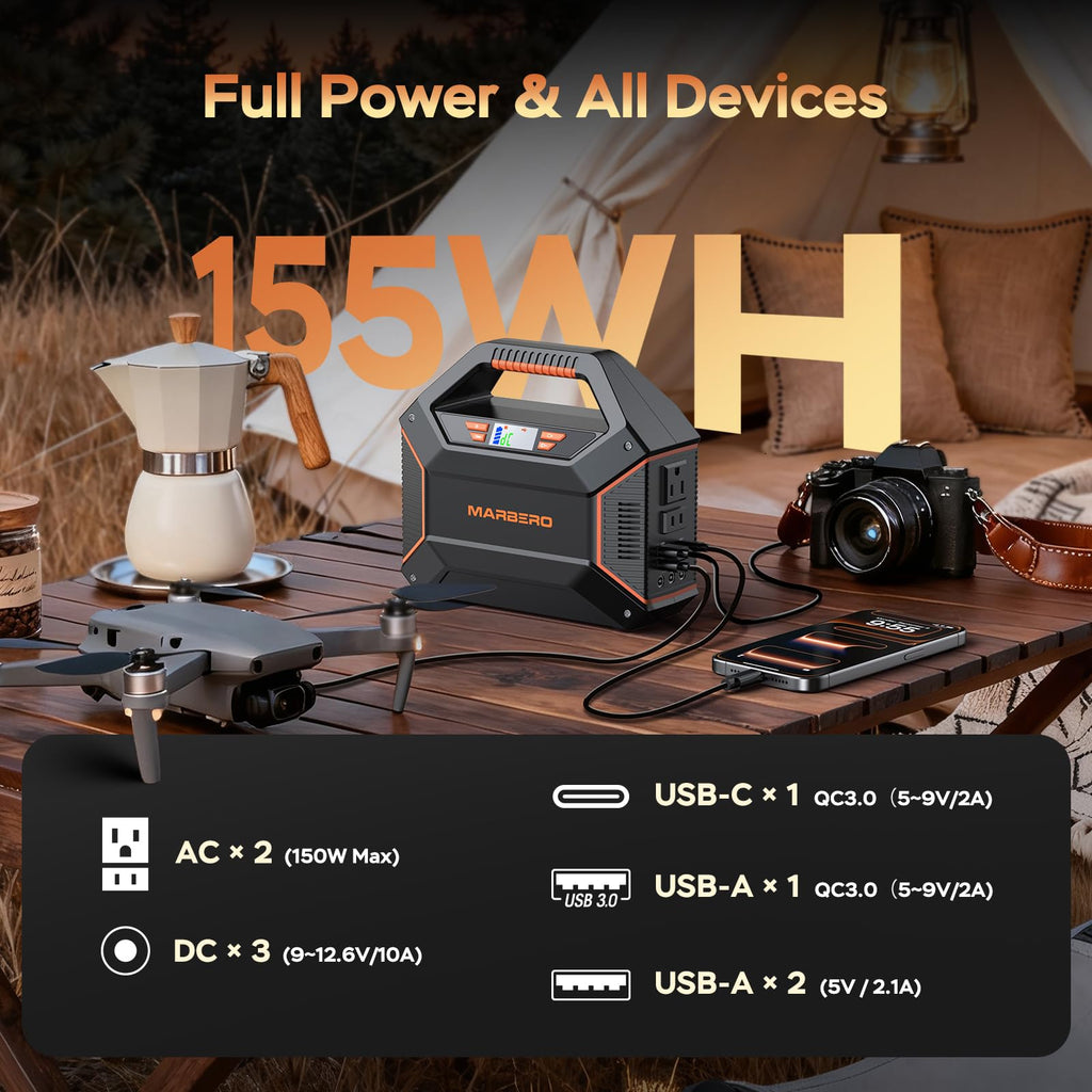 MARBERO Portable Power Station 155Wh Portable Charger 100W Power Station with 6 Outputs 2x 110V AC Outlet LED Flashlight for Home Blackout, Camping, RV Travel, Ultra-Light & Silent Fan UL Certified