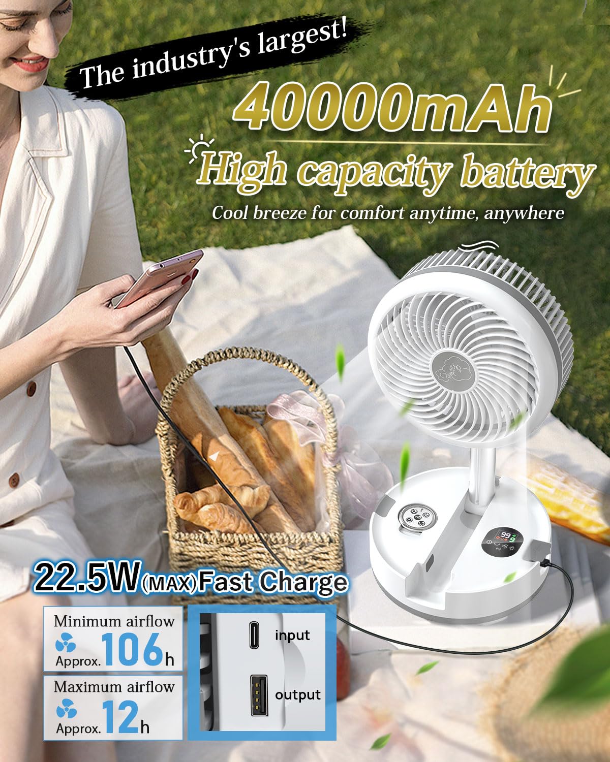 10 inch Portable Fan-Battery Operated Fan, Oscillating Rechargeable Fan with 40000mAh, Remote Control LED Lights, 114HR Run Time, Outdoor Portable Foldable Fan for Camping＆travel (White)