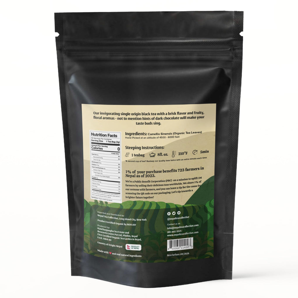 NEPAL TEA Organic Black Tea Bags from the Himalayas - 50 Pyramid Tea Bags in a Resealable Pouch - Single Origin from a Family Farm - Black Tea Bags with Loose Leaf Tea Inside (Himalayan Sunrise)