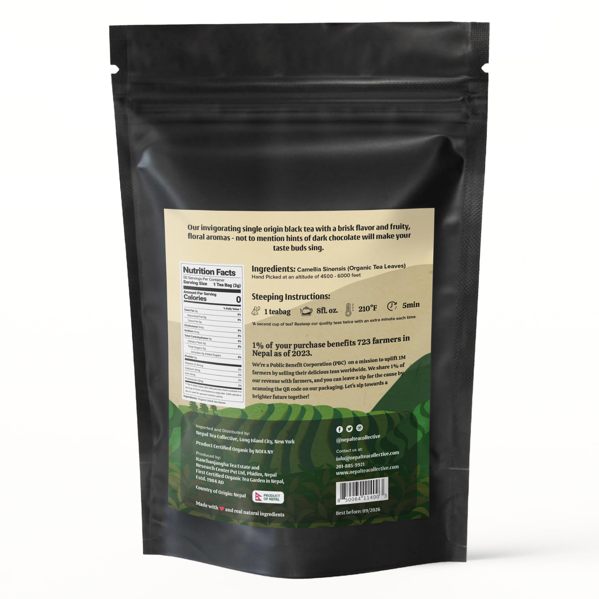 NEPAL TEA Organic Black Tea Bags from the Himalayas - 50 Pyramid Tea Bags in a Resealable Pouch - Single Origin from a Family Farm - Black Tea Bags with Loose Leaf Tea Inside (Himalayan Sunrise)