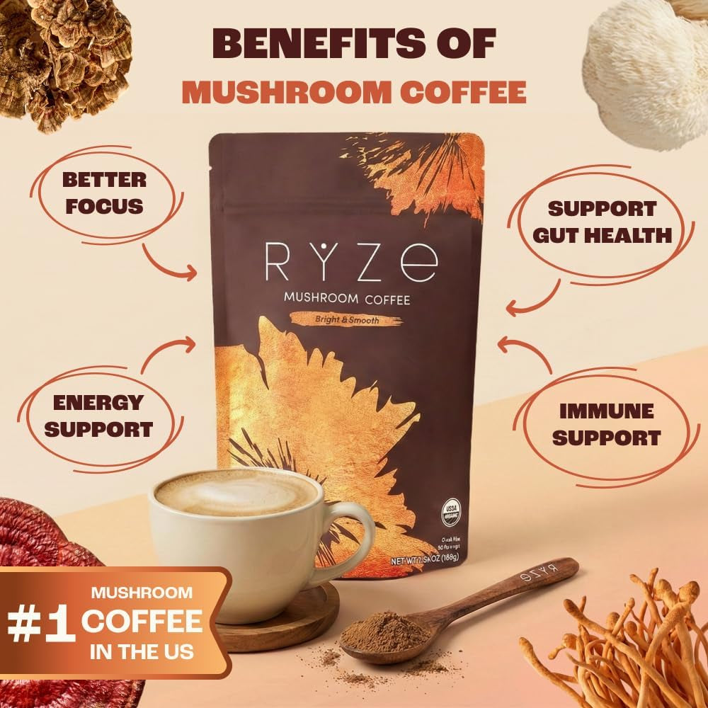 Mushroom Medium Roast Coffee USDA Organic with 6 Adaptogenic Mushrooms, USA Grown Instant Coffee for Better Energy, Focus Digestion Immunity with Lions Mane & Turkey Tail 30. Pack of 1