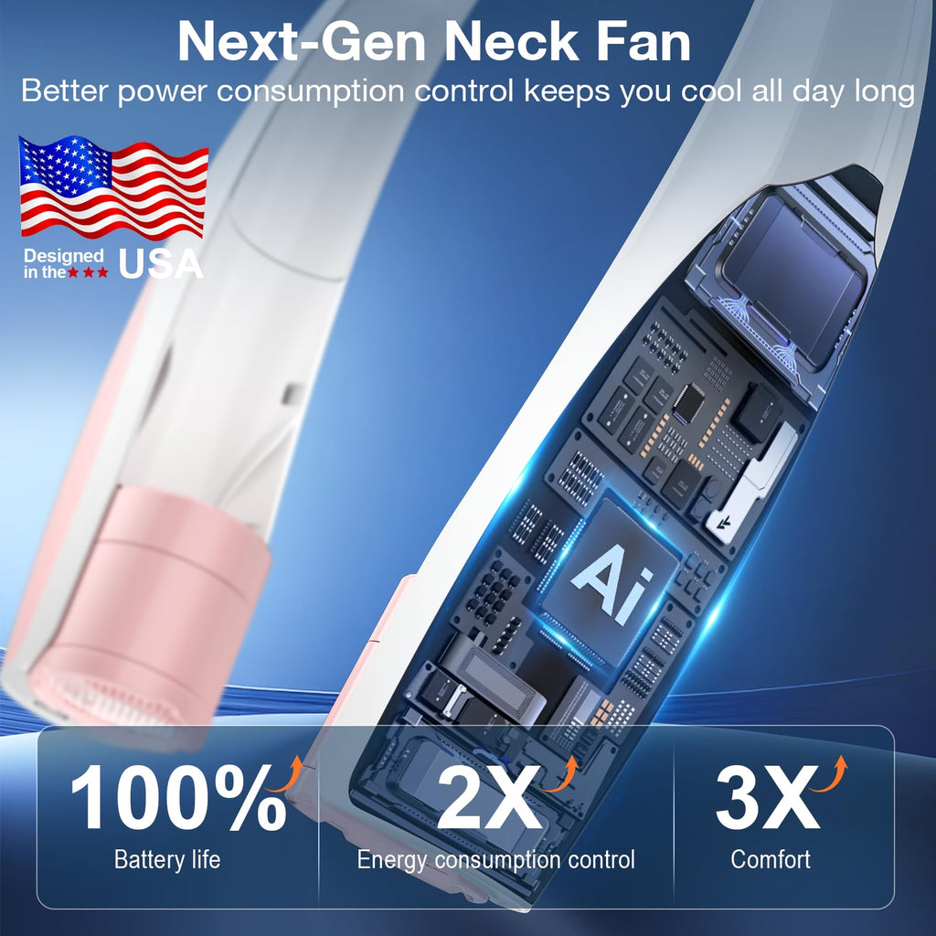 Elrerue Portable Neck Fan, 6 Speeds Rechargeable Personal Fan with AI Chips, Hands-Free 360° Faster Cooling Wearable Fan, Ultra Quiet for Home, Office, Travel, Indoor, Outdoor - Pink