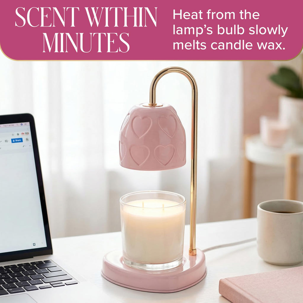 Paris Hilton Candle Warmer Lamp for Jar Candles, Electric Candle Lamp Warmer with 35W GU10 Bulb, Pink Debossed Hearts Shade and Gold-Finish Stem, Pink