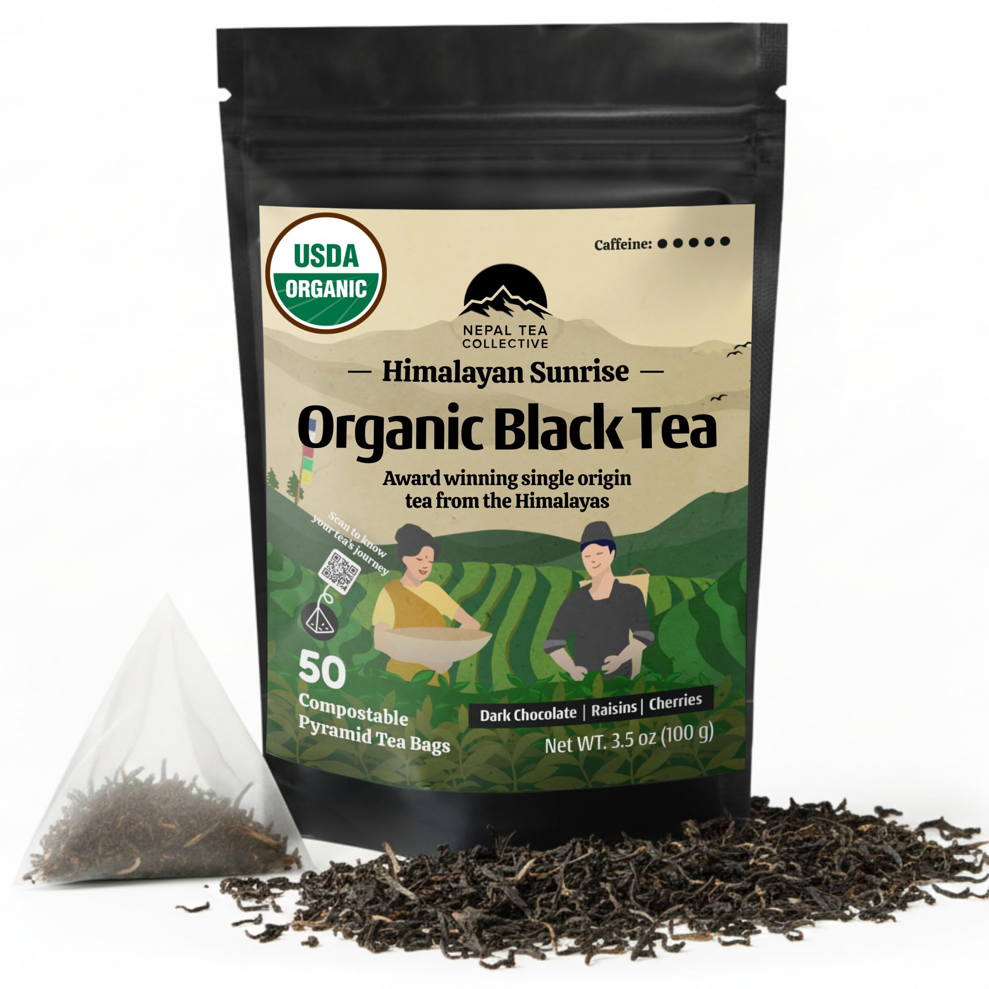 NEPAL TEA Organic Black Tea Bags from the Himalayas - 50 Pyramid Tea Bags in a Resealable Pouch - Single Origin from a Family Farm - Black Tea Bags with Loose Leaf Tea Inside (Himalayan Sunrise)