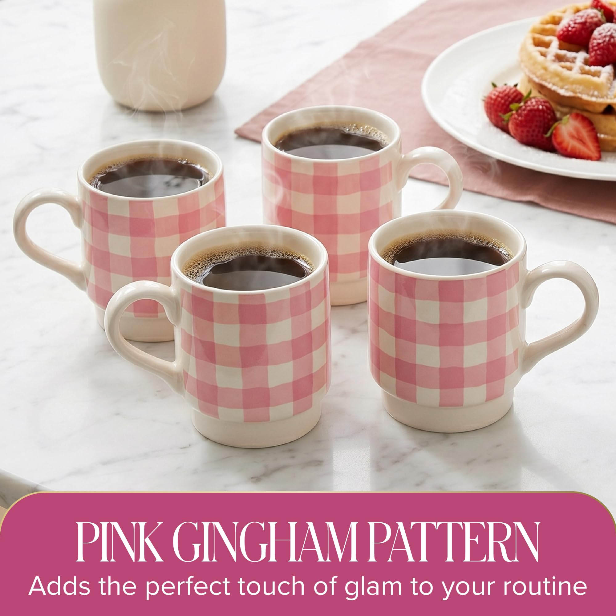 Paris Hilton Stackable Coffee Mug Set with Gold-Tone Rack, Gingham Ceramic Stoneware Cups for Coffee, Tea & Latte, Microwave & Dishwasher Safe, 4-Piece, 10-Ounce, Pink