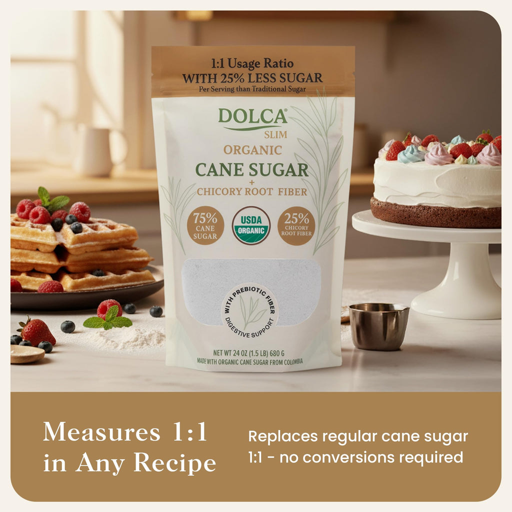 Organic Dolca Slim – Organic Cane Sugar Infused with Prebiotic Fiber – 25% Fiber & Fewer Calories Per Serving – Same Taste & Texture – 1:1 Sugar Replacement for Coffee, Tea & Baking – Bakes & Browns Like Real Sugar – No Artificial Sweeteners or Sugar Alco