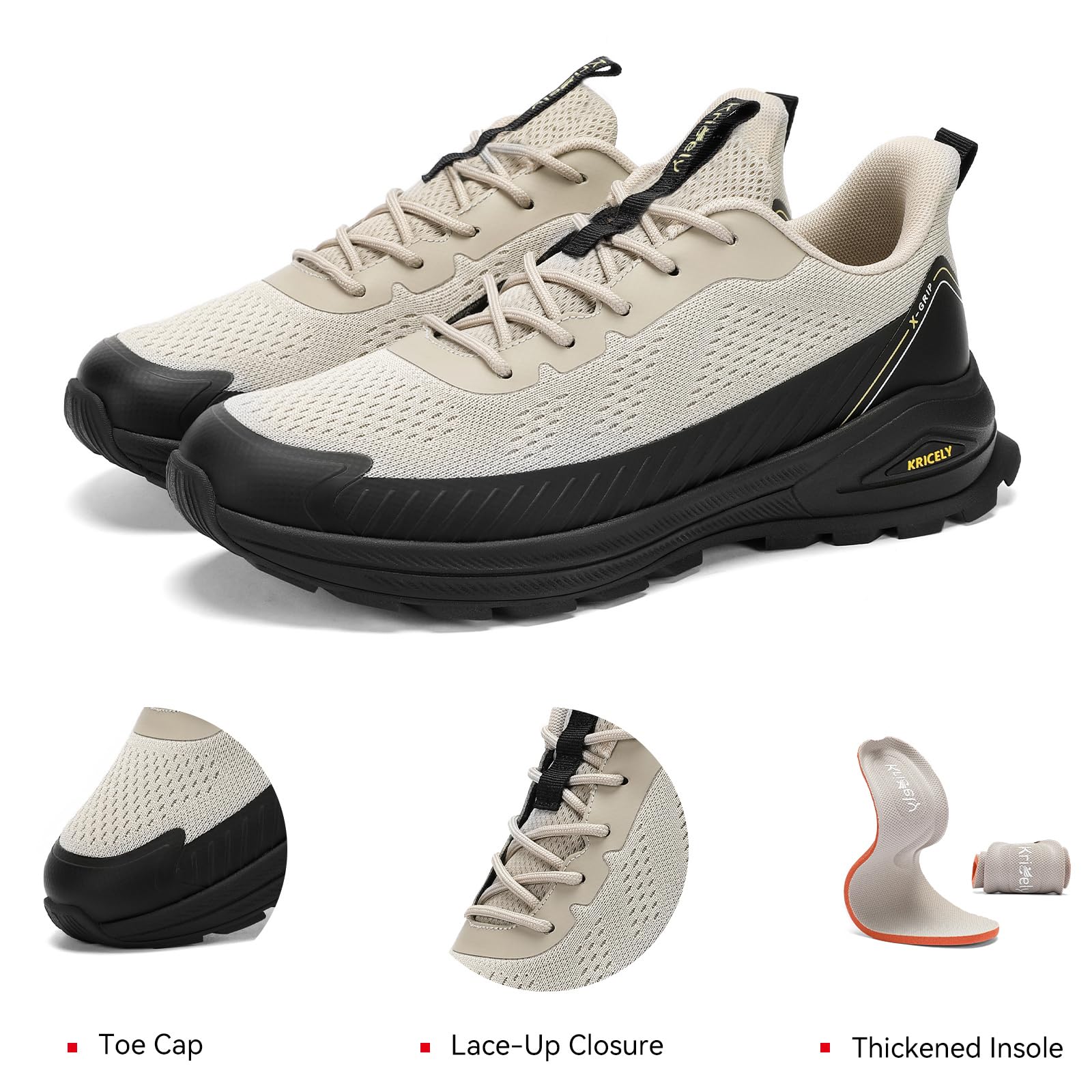 Kricely Men's Trail Running Shoes Non Slip Hiking Trekking Shoes Cross Training Tennis Shoes Breathable Shock Absorbing Sneakers Lightweight Workout Footwear Outdoor Gym Jogging Khaki Size 12
