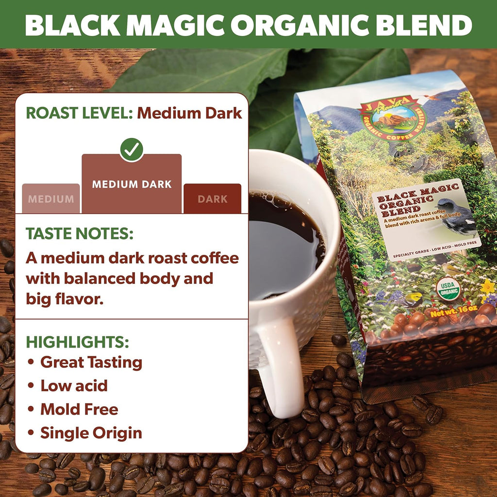 Low Acid Organic Coffee – Whole Bean, Mold-Free & Stomach Friendly by , Black Magic Blend Coffee, Medium Dark Roast, Smooth Full Flavored, 1LB Bag